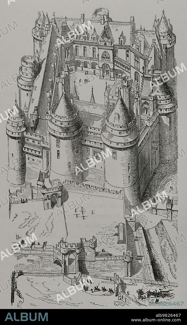 Francia. Castillo de Pierrefonds, cuyo origen se data en 1397. Vista del castillo tal como iba siendo restaurado entre 1858 y 1885 por Viollet-le-Duc a petición de Napoleón III. Grabado. "Vie Militaire et Religieuse au Moyen Age et à l'Epoque de la Renaissance". París, 1877.
