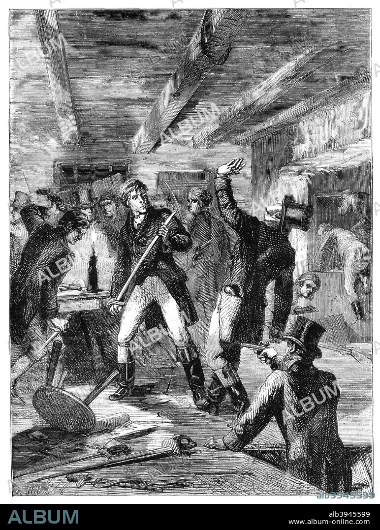 The arrest of the Cato Street conspirators, 1820 (c1895). The Cato Street Conspiracy was an attempt to murder all the British cabinet ministers and Prime Minister Lord Liverpool in 1820. The name comes from the meeting place near Edgware Road in London. From Cassell's Illustrated History of England', volume VII (c1895).