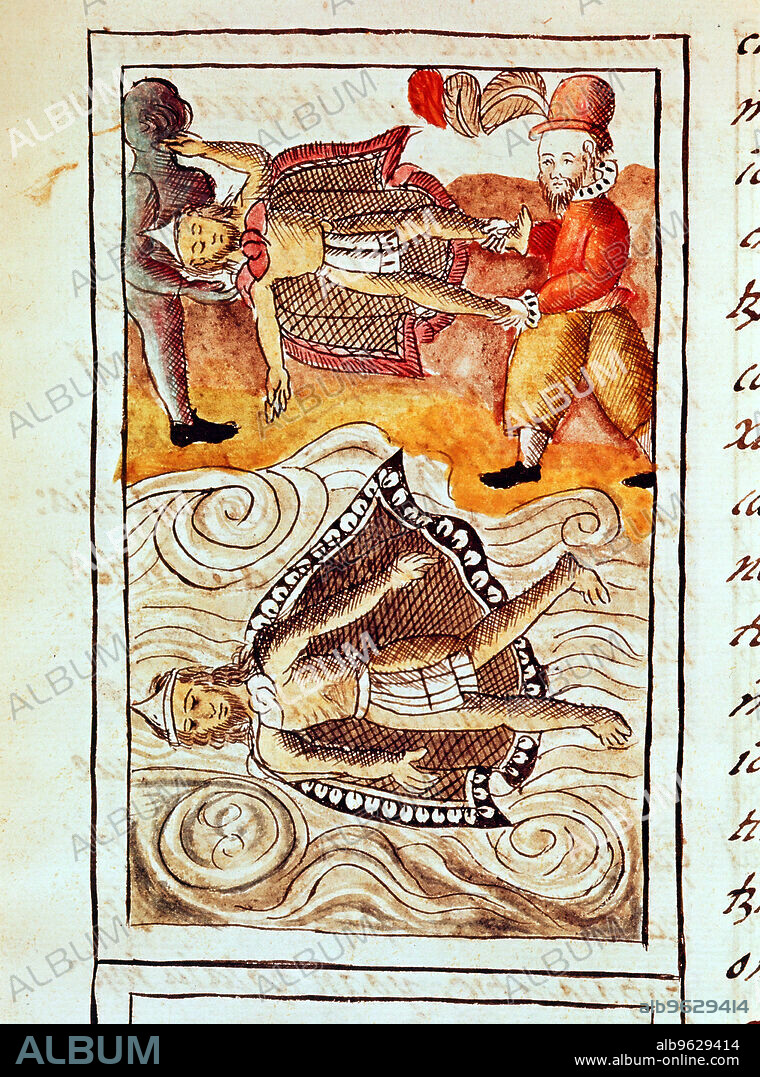 Montezuma II, last Aztec emperor, 1520. The bodies of Montezuma (1466-1520) and one of his chiefs thrown into a canal after their murder by Spanish conquistadors under Cortes. From the Biblioteca Medicea Laurenzia, Florence.