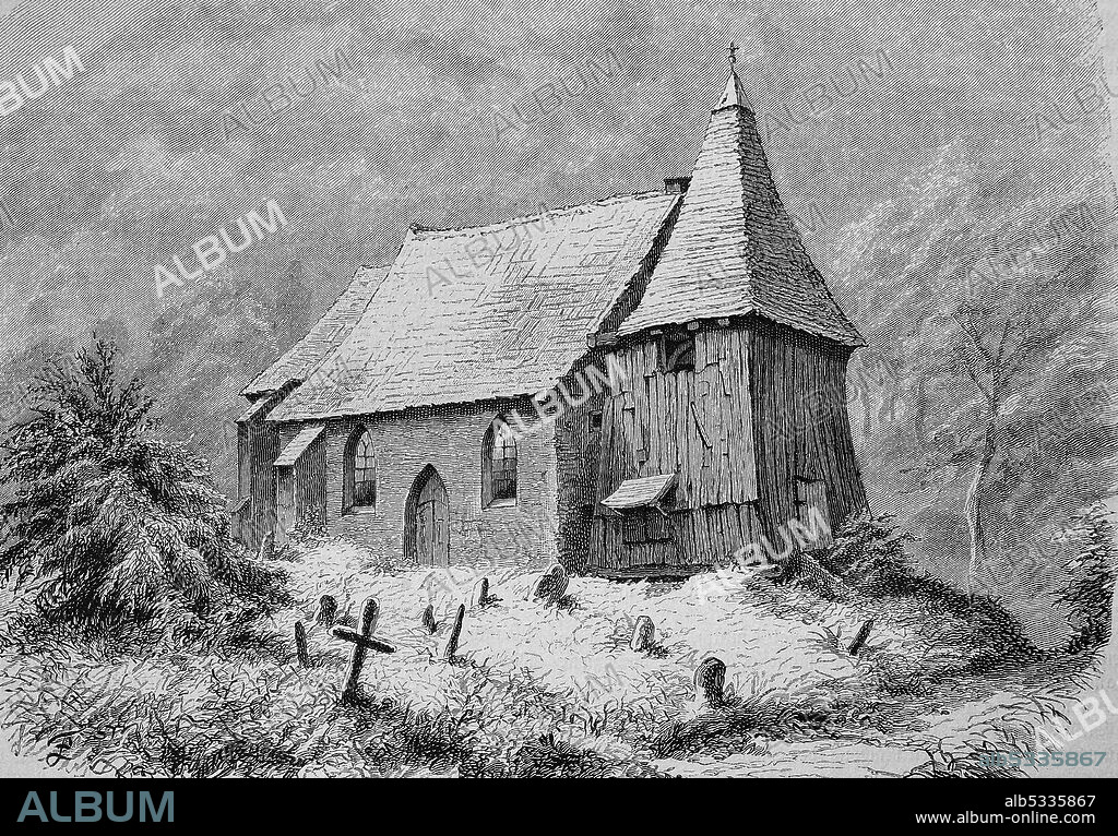 The Church of St. Gallus in Süderbrok, St. Gallus Church in Lemwerder-Altenesch, Lower Saxony, Germany, in 1887  /  Die Kirche des heiligen Gallus in Süderbrok, St.-Gallus-Kirche in Lemwerder-Altenesch, Niedersachsen, Deutschland, im Jahre 1887, Historisch, historical, digital improved reproduction of an original from the 19th century / digitale Reproduktion einer Originalvorlage aus dem 19. Jahrhundert,.