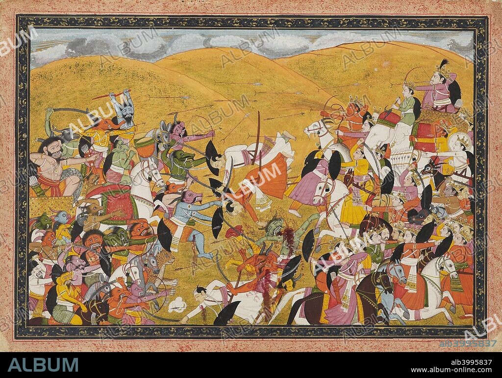 Battle scene between armies of devas and asuras in a hill landscape, early 19th century. Dimensions: height x width: mount 40.3 x 55.4 cmheight x width: page 27.3 x 38.8 cmheight x width: painting with border 25.2 x 36.6 cmheight x width: painting without border 22.2 x 34.1 cm.