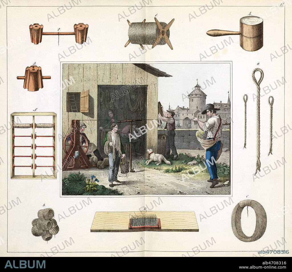 Corderie, atelier du Cordier. Gravure de 1849. Illustration anonyme. Serie de 20 planches representant les differents metiers d'artisan, publie a Groningen, Pays Bas en 1849. Credit : Collection SSPL/KHARBINE-TAPABOR.