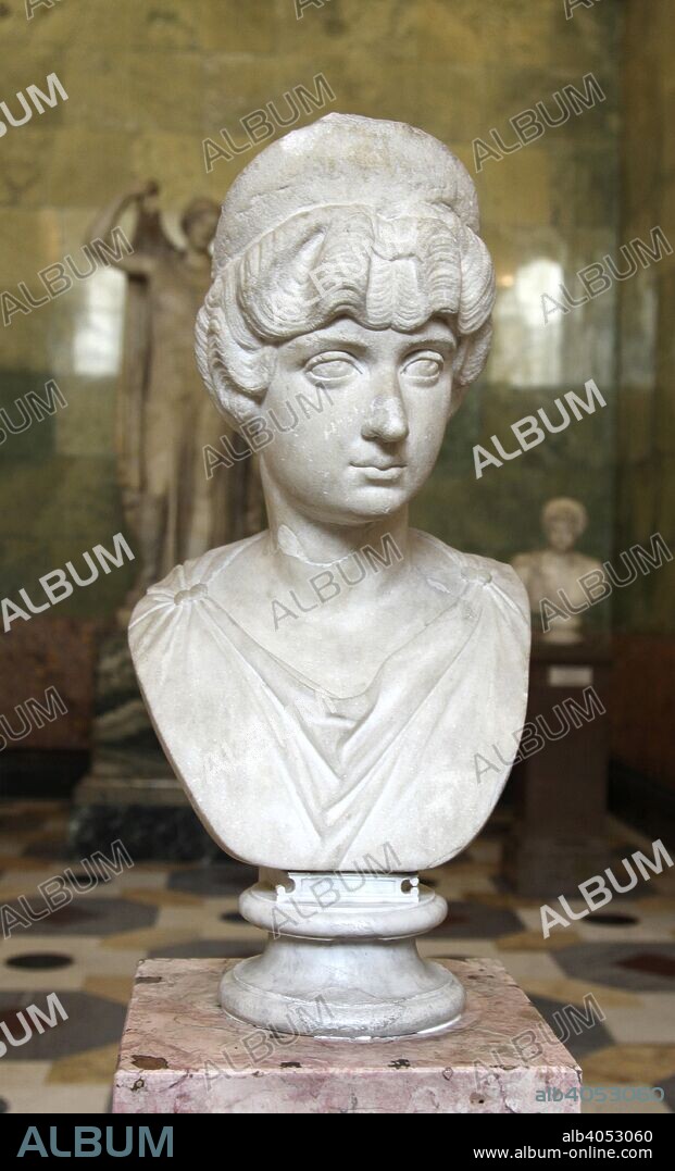 Portrait bust of Lucilla, wife of the Roman Emperor Lucius Verus, c160-c170. Lucilla (c148-182) was the daughter of Marcus Aurelius and Faustina the Younger. Marcus and Lucilla's husband were Co-Emperors of Rome from 161 until 169, when Lucius Verus died. After his death, her father forced her to marry a political ally of his, Claudius Pompeianus. Lucilla was exiled to Capri and executed after plotting against Marcus' successor, her brother Commodus. Found in the collection of The Hermitage, St Petersburg.