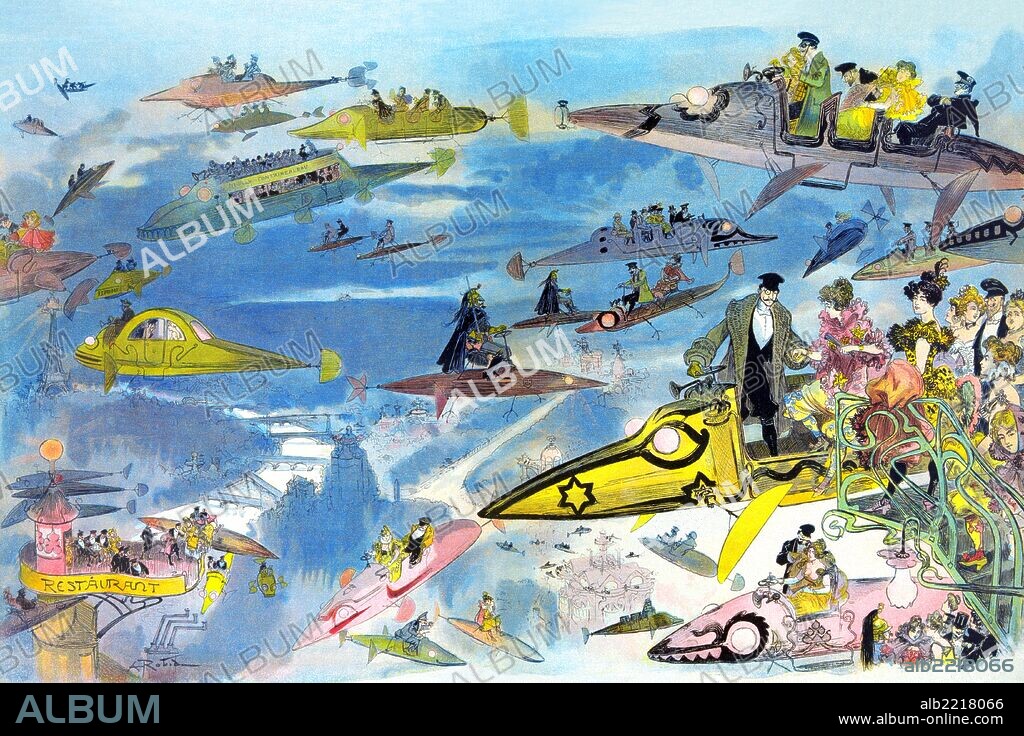 futuristic view of air travel over Paris as people leave the Opera. Many types of aircraft are depicted including buses and limousines, police patrol the skies, and women are seen driving their own aircraft.