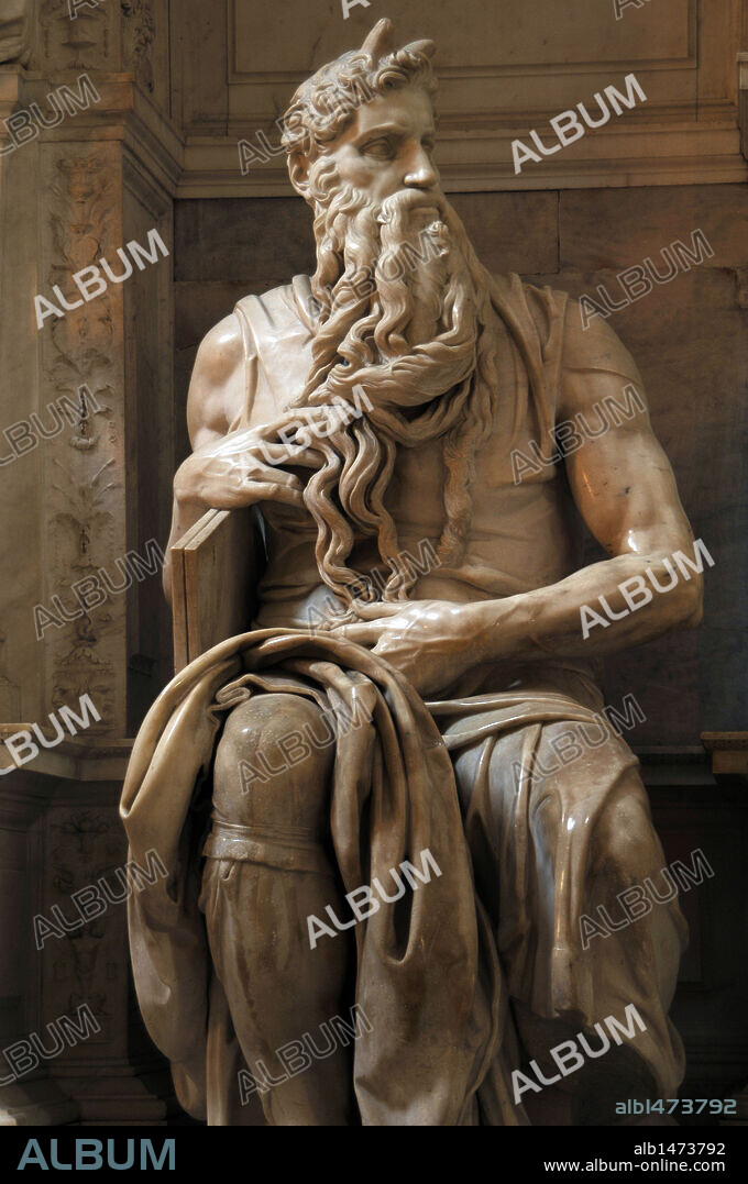 ARTE RENACIMIENTO. CINQUECENTO. ITALIA. MIGUEL ANGEL (Michelangelo Buonarroti) (1475-1564). Pintor, escultor y arquitecto italiano. "TUMBA DEL PAPA JULIO II", realizada entre 1505 y 1545. Detalle de la ESTATUA DE MOISES. IGLESIA DE SAN PIETRO IN VINCOLI. ROMA.