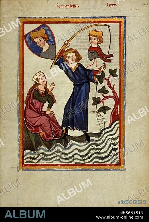 ANONYMOUS. Illumination, Zurich, c. 1310-1340. Herr Pfeffel fishing, accompanied by his lady. On parchment. Fr.: Große Heidelberger Liederhandschrift (Codex Manesse). Heidelberg, Universitätsbibliothek, Cod. Pal. Germ. 848 fol. 302 r. Heidelberg, Universitätsbibliothek.