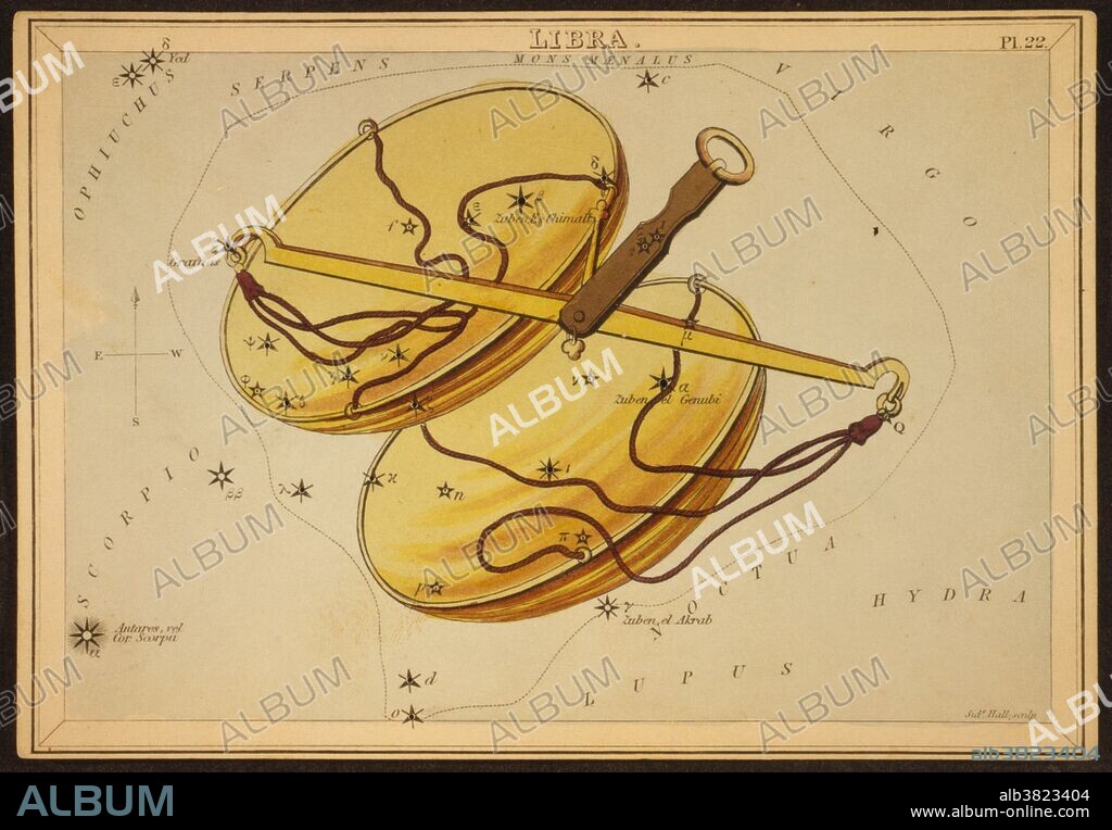 Astronomical chart showing a balance forming the constellation. Libra constellation. Ptolemy's Star Catalogue, from a late Latin version of the Almagest, 1490. Libra is a constellation of the zodiac. Its name is Latin for weighing scales. It is one of the 48 constellations described by the 2nd century astronomer Ptolemy, and remains one of the 88 modern constellations defined by the International Astronomical Union. Libra is a constellation not mentioned by Eudoxus or Aratus. In Roman mythology, Libra is considered to depict the scales held by Astraea (identified as Virgo), the goddess of justice. Libra was known in Babylonian astronomy as MUL Zibanu (the scales). The scales were held sacred to the sun god Shamash, who was also the patron of truth and justice. Libra has been associated with law, fairness and civility. Libra is the seventh astrological sign of the zodiac, originating from the constellation of Libra. It spans the 180-210th degree of the zodiac, between 180 and 207.25 degree of celestial longitude, which the Sun transits this area on average between September 23 to October 22 each year. Urania's Mirror is a boxed set of 32 constellation cards first published by Samuel Leigh of the Strand, London, in or shortly before 1825. An unidentified lady, referred to by her nom-de-plume, Jehoshaphat Aspin, designed these whimsical astronomy cards. The engraver was Sidney Hall.