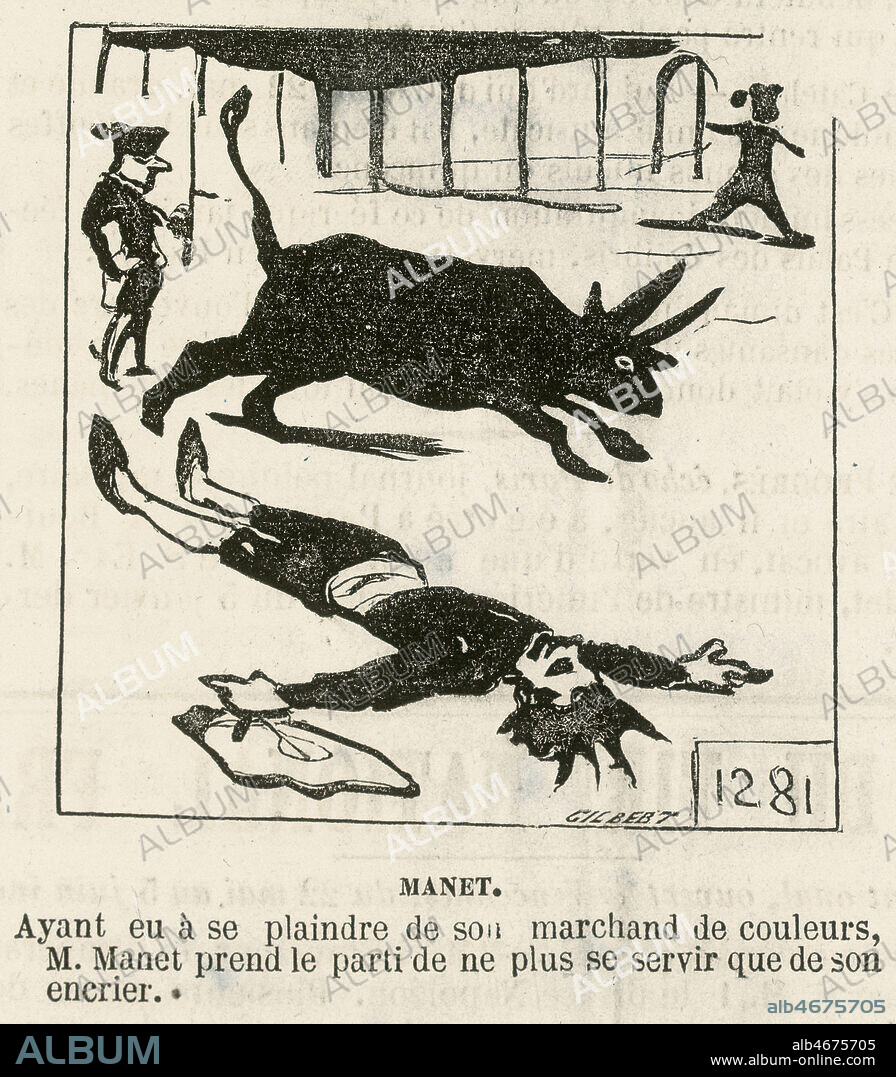 Caricature du tableau de MANET 'Episode d'un combat de taureaux' par CHAM (1819-1879) in. Le Charivari du 22/05/1864. Credit : Collection Grob/KHARBINE-TAPABOR.