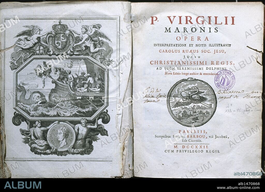 VIRGILIO MARON (Publio) (Publius Virgilius Maro) (70 a. C. -19 a. C.). Poeta latino. Frontispicio y portada de sus obras editadas en París, 1722.