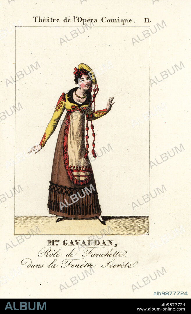 Mlle. Emilie Gavaudan in the role of Fanchette in the opera La Fenetre Secrete (The Secret Window) by Joseph Desessarts d'Ambreville and Désiré-Alexandre Batton, Theatre de l'Opera Comique, 1818. Émilie Gavaudan, French opera singer, 1775-1837. Handcoloured copperplate engraving from Le Musee des Theatres dedie aux dames, Premiere Annee, Firmin Didot, Paris, 1819.