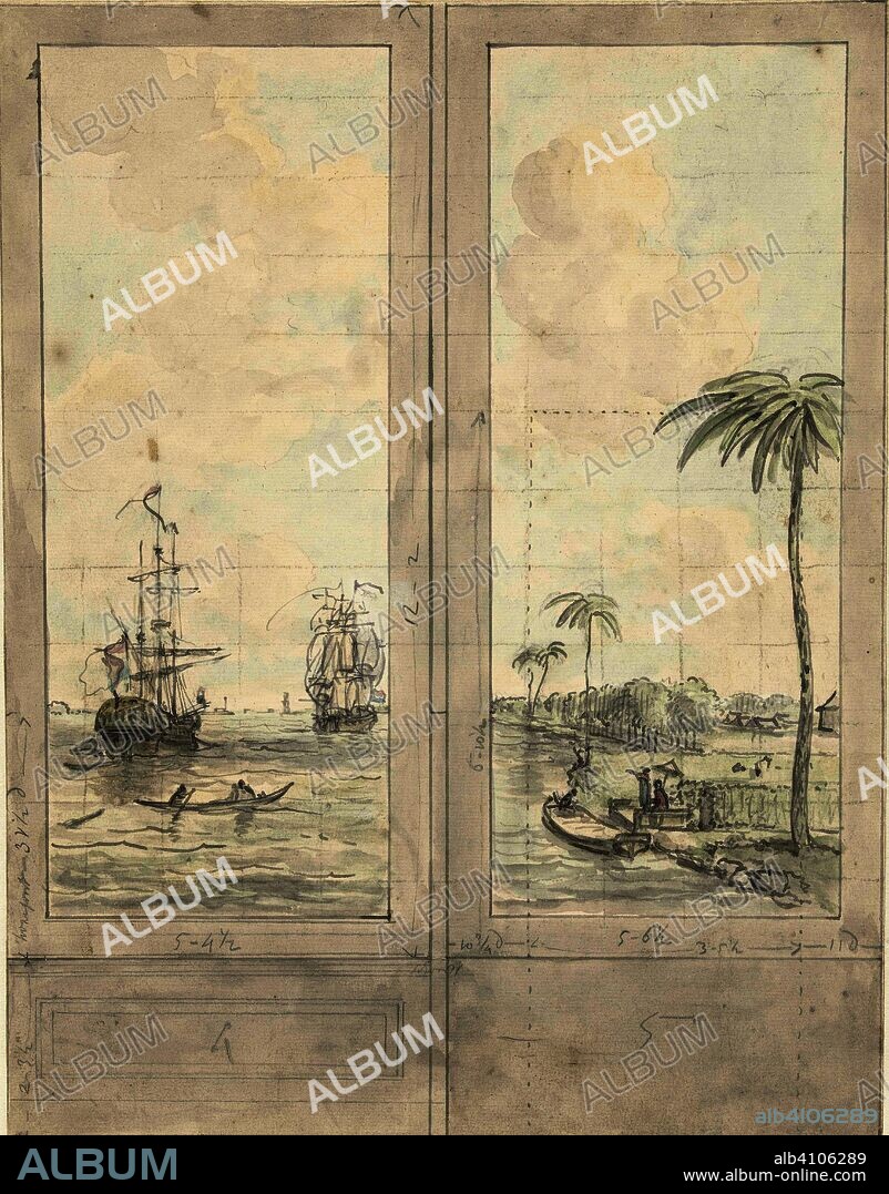 Design for two wallpaper surfaces: river with ships in the colonies. Draughtsman: Jurriaan Andriessen. Dating: c. 1752 - c. 1819. Measurements: h 328 mm × w 252 mm.