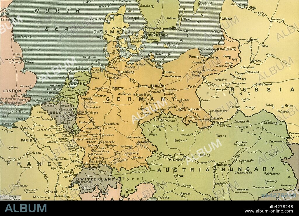 LONDON GEOGRAPHICAL INSTITUTE. 'Map of Central Europe, Showing the Principal Theatre of War', 1919. Europe during the First World War, 1914-1919. From "The History of the Great European War: its causes and effects", Vol. I, by W. Stanley Macbean Knight. [Caxton Pulishing Company, Limited, London, 1919].