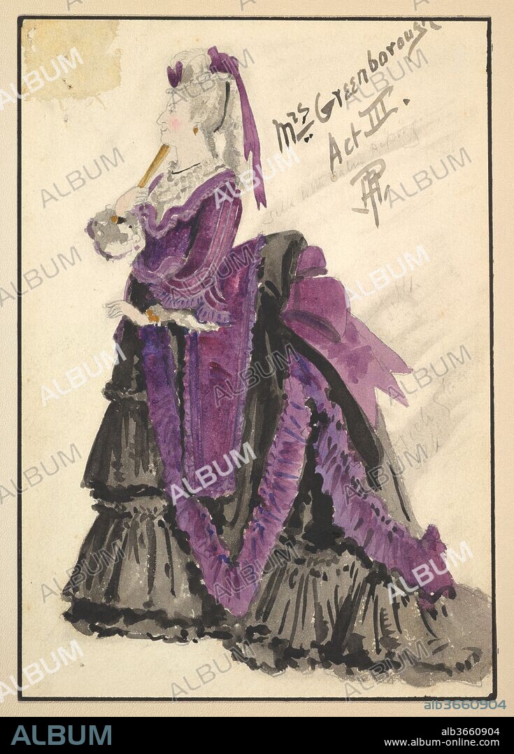 Design Costume for 'Mrs. Greenborough', Act III. Artist: Percy Anderson (British, 1850/51-1928 London). Dimensions: Mount: 11 x 8 3/16 in. (28 x 20.8 cm)
Sheet: 10 x 6 15/16 in. (25.4 x 17.7 cm). Date: 1901.
Design for the costume for 'Mrs. Greenborough' for the third act of the play 'Captain Jinks of the Horse Marines'. 'Mrs. Greenborough' is displayed in profile view facing left. She is wearing a purple bodice and a black tiered and ruffled skirt with a Victorian bouffant and a large purple ribbon. She is wearing a white hat with a purple ribbon and is holding a gilded fan.