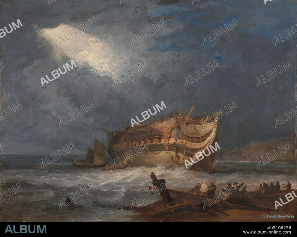 The Wreck of the Dutton, An East Indiaman, Samuel Prout, 17831852, British, ca. 1815, Oil on panel, Support (PTG): 14 3/8 x 19 inches (36.5 x 48.3 cm), anchor (watercraft equipment), boats, clouds, full-rigged ship, light, marine art, meteorology, ship, shipwreck, spars, storm, Devon, England, Plymouth, Plymouth Hoe, United Kingdom.
