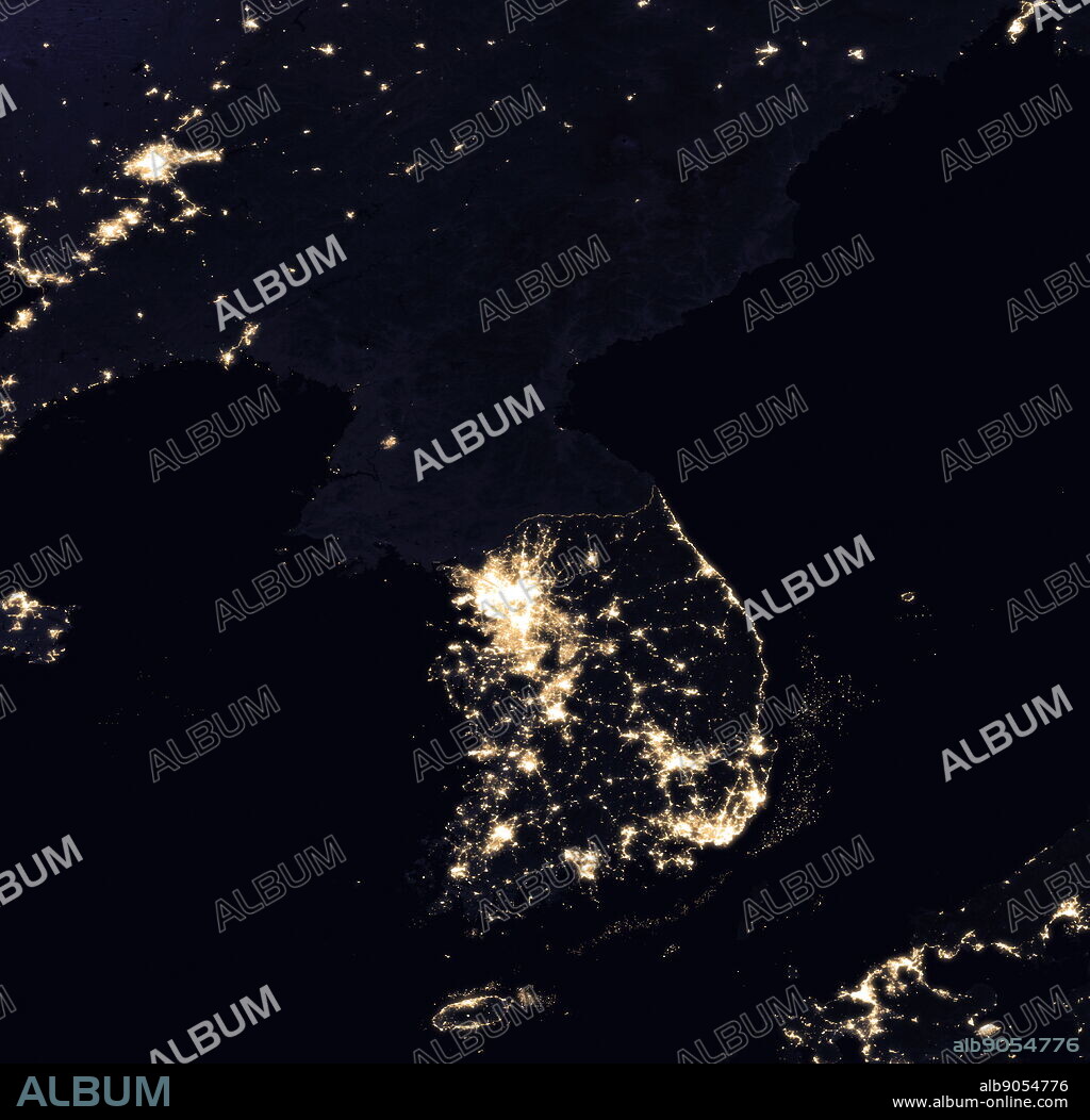 Korean peninsula and Chinese border areas at night. The stark contrast is evident in this 2016 satellite image of the abundance of city lights in South Korea and the absence of electric power in North Korea.