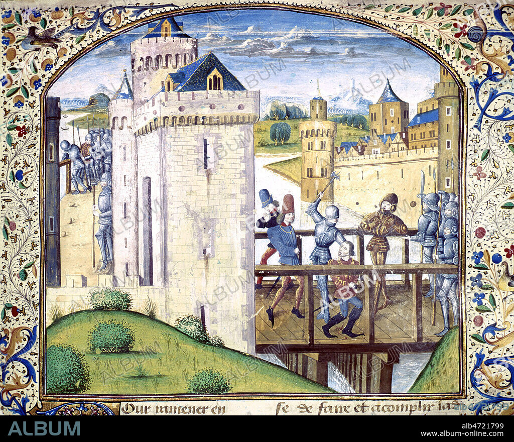 Moyen Age, Feodalite: Assassinat de Jean Sans Peur au pont de Montereau, 10 septembre 1419, Armagnacs contre Bourguignons. in 'La chronique d'Enguerrant de Monstrelet, septembre medieval, seconde moitie du XVeme siecle. Manuscrit conserve a la Bibliotheque de l'Arsenal, Ms5084 f°1 . Credit COllection JEAN VIGNE/KHARBINE TAPABOR.