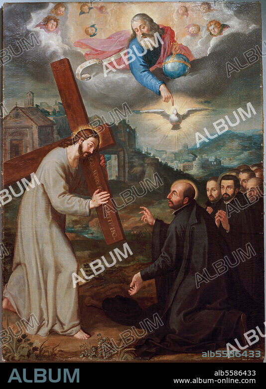 Ignatius of Loyola; Spanish founder of the Jesuits, beatified; 1491-1556. "The Vision at La Storta". (La Storta near Rome, November 1537: Christ carrying the cross appering to Ignatius, Diego Lainez and Petrus Faber). Painting, Rome, before 1611, Oil on canvas, 182.5 × 132cm. Munich, Bavarian State Art Collection.