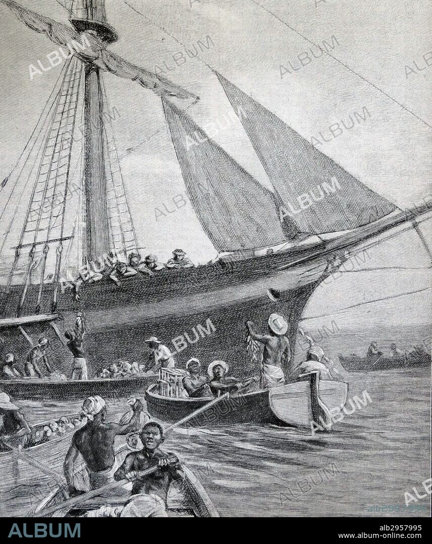 Illustration from a book depicting a floating market. Crew members of the boat purchase items from boats filled with produce. Dated 1913.