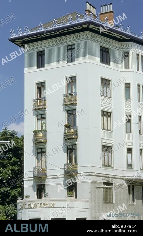Wien (Österreich), 5. Bezirk (Margareten), Wohn- und Caféhaus Rüderighof, Hamburgerstraße 20. (erbaut 1902; Architekt: Oskar Marmorek). Außenansicht. Foto, undat.