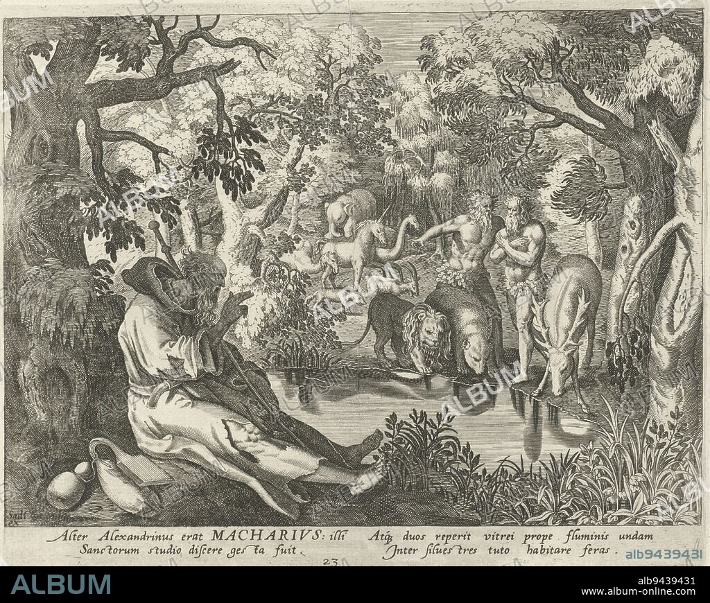 Saint Macarius of Alexandria as a hermit in the wilderness. He sits against a tree and makes a blessing gesture. In the background wild animals and two wild men., Macarius of Alexandria as Hermit Male Hermits (series title) Solitudo Sive Vitae Patrum Eremicolarum (series title), print maker: Johann Sadeler (I), print maker: Raphaël Sadeler (I), intermediary draughtsman: Maerten de Vos, Antwerp, 1583 - 1588, paper, engraving, h 170 mm × w 210 mm.