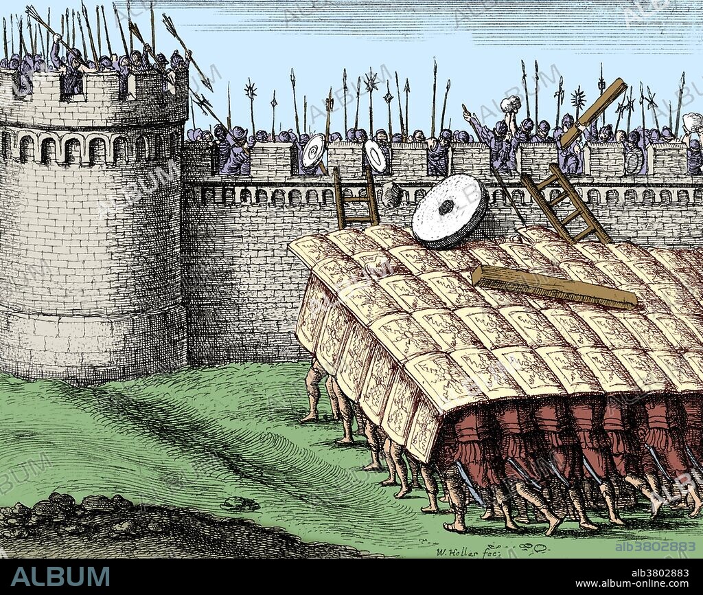 Colorized illustration of Testudo formation used in Ancient Roman Warfare. In Ancient Roman warfare, the testudo or tortoise formation was a formation used commonly by the Roman Legions during battles, particularly sieges. Testudo is the Latin word for "tortoise". The shields would be held in such a way that they presented a shield wall to all sides. The men in the back ranks would place their shields over their heads to protect the formation from above, balancing the shields on their helmets, overlapping them. If necessary, the legionaries on the sides and rear of the formation could stand sideways or backwards with shields held as the front rows, so as to protect the formation's sides and rear.