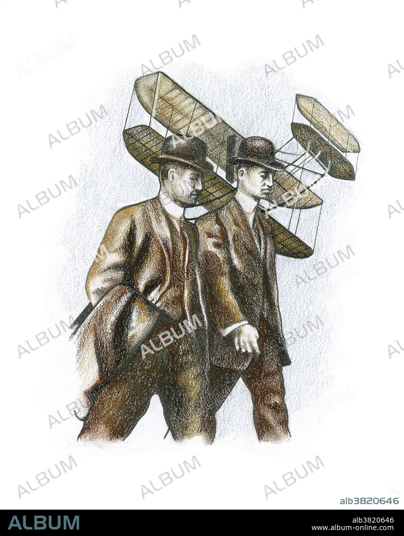 Wilbur and Orville Wright, with their plane, the Wright Flyer. The Wright Brothers, Orville (1871-1948), left, and Wilbur (1867-1912), right, were American aviation pioneers. The brothers were interested in flight and were inspired by the German glider, Otto Lilienthal. They began their own experiments, using basic wind tunnels to study aerofoil shapes and designed 'wing warping' as a means of control, emulating the way birds control their flight. They even designed and built their own light-weight engine. On 17 December 1903 at 10.23am, their powered aircraft, the Wright Flyer, made its first flight with Orville at the controls. The era of aviation was born. This illustration was made from a photograph of the Wright brothers at the Belmont Park.