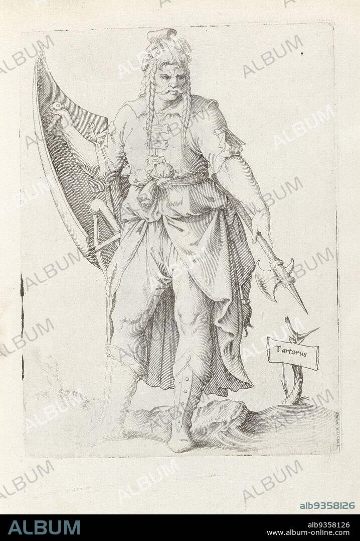 Tartarus (title on object), Tartar warrior, Diversarum gentium nostrae aetatis habitus (series title), Tartar warrior with shield and halberd, seen from the front. His hair is braided. Print from album 'Diversarum gentium nostrae aetatis habitus'., print maker: Enea Vico, Venice, in or before 1558, paper, engraving, height 150 mm × width 92 mm.