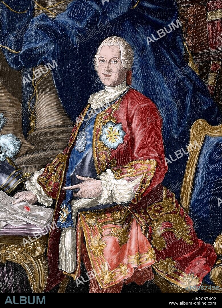 Heinrich, conde von Brühl (1700-1763). Estadista alemán de la corte de Sajonia y de la Commonwealth polaco-lituano. Favorito de Augusto III y persona ambiciosa, se enriquició a expensas del Tesoro de Sajonia y de Polonia. Grabado coloreado de "La Historia Universal, 1885".