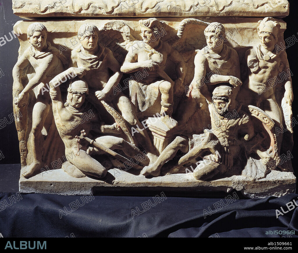 Etruscan civilization. Funerary urn decorated with relief battle scene of Eteocles and Polynices.
