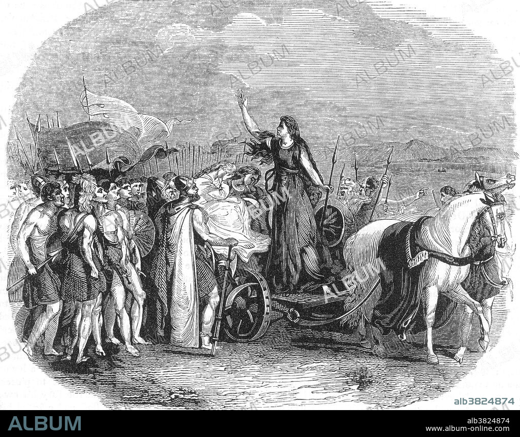 Captioned: "Boadicea Haranguing The British Tribes." Boudica (died 60 or 61 AD) was queen of the British Iceni tribe, a Celtic tribe who led an uprising against the occupying forces of the Roman Empire. Her husband, Prasutagus, had left his kingdom jointly to his daughters and the Roman Emperor when he died, but the Romans did not acknowledge the joint rule. It was reported that Boudica was flogged and her daughters raped. She was eventually chosen as the leader of her people and their neighbors to lead an assault on the Romans. Her army had great success in their battles and completely demolished the city of Camulodunum (Colchester). The Britons had no desire to take prisoners and slaughtered everyone in their path. Noble Roman women were beheaded and had their breasts cut off and sewn to their mouths. Ironically, the great anti-imperialist rebel is now identified with the head of the British Empire, and her statue stands guard over the city she razed to the ground.