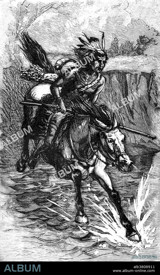 Image taken from page 236 of "Famous American Indians. Red Eagle and the wars with the Creek Indians of Alabama" by George Cary Eggleston, 1878. Red Eagle or William Weatherford (1780 or 1781 - March 24, 1824) was a Creek chief. One of many mixed-race descendants of Southeast Indians who intermarried with European traders and later colonial settlers, Red Eagle was of mixed Creek, French and Scots ancestry. He was raised as a Creek in the matrilineal nation and achieved his power in it, through his mother's prominent Wind Clan, as well as his father's trading connections. After showing his skill as a warrior, he was given the war name of Hopnicafutsahia. The Creek War (1813-1814), also known as the Red Stick War and the Creek Civil War, was a regional war between opposing Creek factions, European empires, and the United States, taking place largely in Alabama and along the Gulf Coast. The major conflicts of the war took place between state militias and the "Red Stick" Creeks. At the Battle of Horseshoe Bend General Andrew Jackson defeated the Red Sticks, effectively ending the Creek War. Red Eagle and some other 200 Red Sticks escaped, but turned himself in. Jackson spared his life and Red Eagle helped engineer a new peace through a new treaty, which although permanently reducing Creek territory, was lenient in allowing them to retain most of their homes. After the war, he rebuilt his wealth as a slaveholding planter in lower Monroe County, Alabama where he died in 1824.