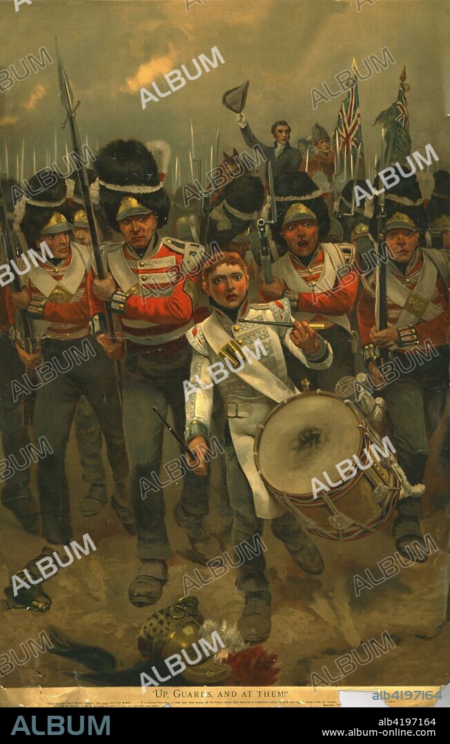 'Up Guards and at them!', 1899. Drummer-boy leading a charge of British soldiers, scene based on a quote by the Duke of Wellington: 'Up, Guards, and at them again', said at the Battle of Waterloo in 1815. Published in Holly Leaves, the annual Christmas special of the Illustrated Sporting and Dramatic News, December 1899.