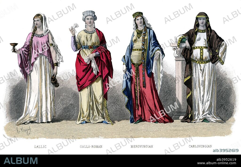 French costume: Gallic, Gallo Roman, Merovingian, Carlovingian, (1882). Illustration showing costume from earlier periods, from The History Of Fashion In France by Augustin Challamel, Frances Cashel Hoey and John Lillie, (1882).