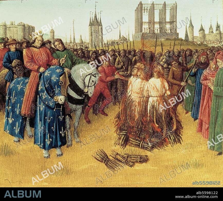 Philipp II. August, König von Frankreich. (1180-1223); 1165-1223. Hinrichtung von Amalrikanern (Anhängern des Amalrich von Bena) in Gegenwart König Philipps II. in Paris. Buchmalerei von Jean Fouquet (um 1415/20-1477/81). Aus den "Chroniques de Saint-Denis". Ms. français 6465, fol. 235, Paris, Bibliothèque Nationale.