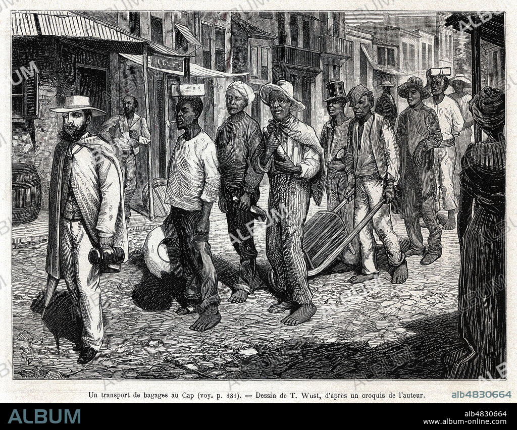 Un transport de bagages au Cap-Haitien. Illustration de T. WUST (19 s.) pour La Republique d'Haiti par Edgar LA SELVE (1849-1892) repris dans Le Tour du Monde de 1879. Credit : Collection Kharbine-Tapabor.