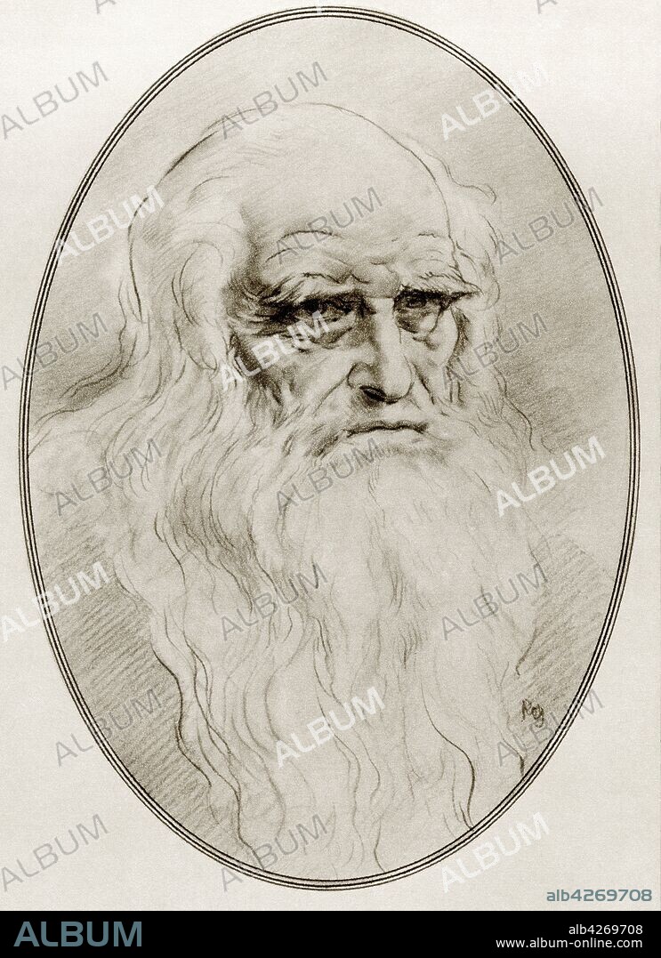 Leonardo di ser Piero da Vinci,  1452 – 1519,  aka Leonardo da Vinci or Leonardo  Italian Renaissance polymath: artist,  sculptor,  architect,  musician,  scientist,  mathematician,  engineer,  inventor,  anatomist,  geologist,  cartographer,  botanist and writer Illustration by Gordon Ross,  American artist and illustrator 1873-1946,  from Living Biographies of Great Painters.