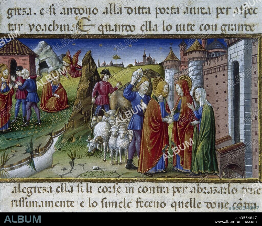 Encuentro de Ana y Joaquín. Página miniada del Códice de Predis, 1476. Renacimiento-Quattrocento. Biblioteca Real. Turín. Italia.