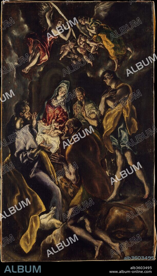 The Adoration of the Shepherds. Artist: El Greco (Domenikos Theotokopoulos) and Workshop (Greek, Iráklion (Candia) 1540/41-1614 Toledo). Dimensions: 43 1/2 x 25 5/8 in. (110.5 x 65.1 cm). Date: ca. 1612-14.
This is a smaller version of an altarpiece by El Greco painted for the chapel in Santo Domingo el Antiguo in Toledo, where he was buried (the picture is now in the Prado, Madrid). It is likely that for this work the painter was helped by his assistants.