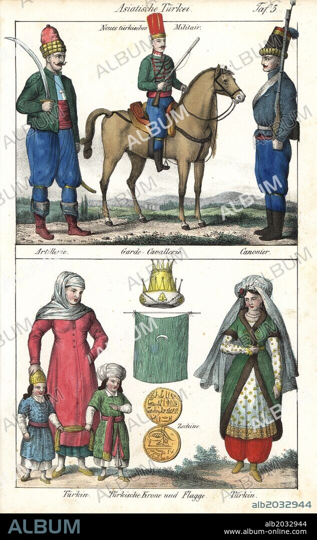 Uniforms of the new Turkish army above (cavalry, artillery man with scimitar and bombardier) and Turkish women and children below. Turkish flag and gold coins. Handcoloured lithograph from Friedrich Wilhelm Goedsche's "Vollstaendige Völkergallerie in getreuen Abbildungen" (Complete Gallery of Peoples in True Pictures), Meissen, circa 1835-1840. Goedsche (1785-1863) was a German writer, bookseller and publisher in Meissen. Many of the illustrations were adapted from Bertuch's "Bilderbuch fur Kinder" and others.
