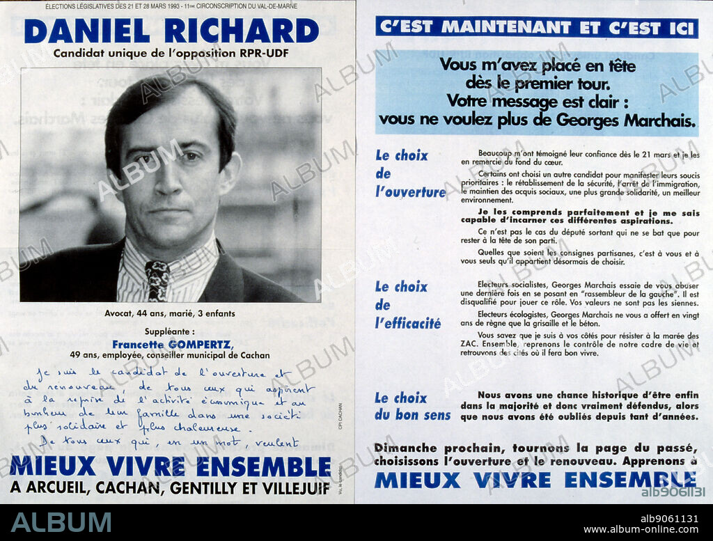 Election poster for Daniel Richard French political candidate for the National Assembly for the UDF party 1993. The Union for French Democracy (French: Union pour la Democratie Francaise, UDF) was a centre-right political party in France. It was founded in 1978 as an electoral alliance to support President Valery Giscard d'Estaing in order to counterbalance the Gaullist preponderance over the political right in France.