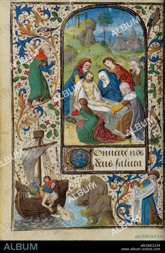 LIEVEN VAN LATHEM. The Entombment. Date/Period: Ca. 1471. Folio. Tempera colors, gold leaf, gold paint, silver paint, and ink on parchment. Height: 124 mm (4.88 in); Width: 92 mm (3.62 in).