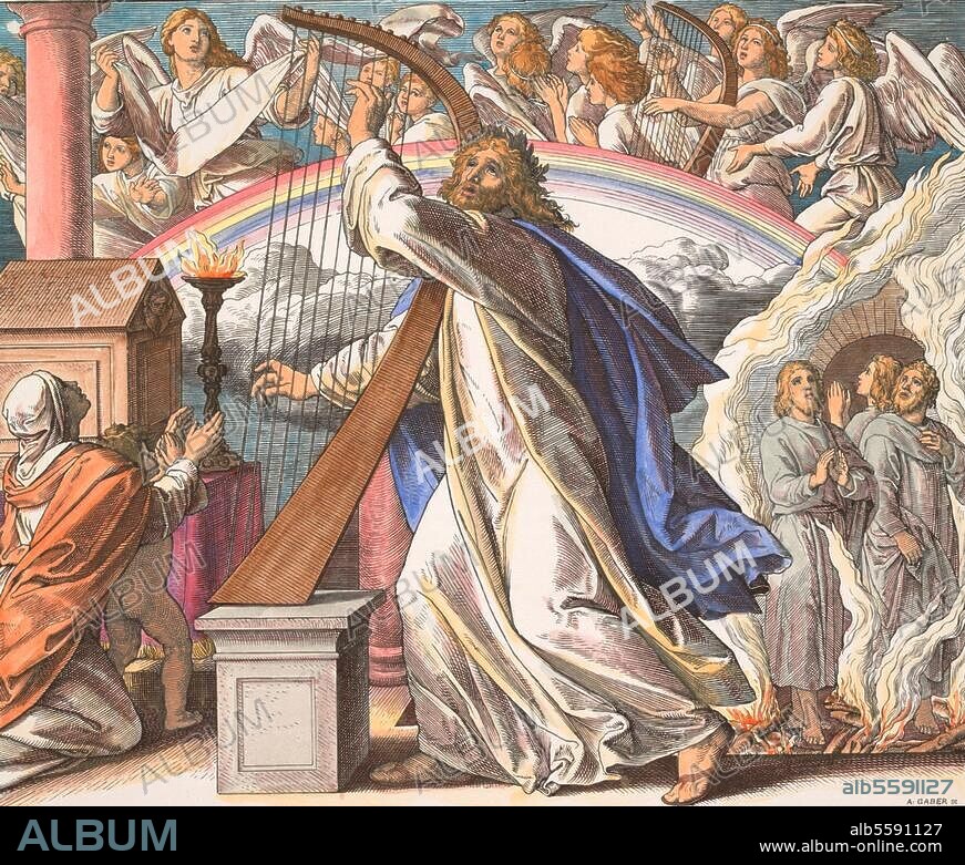 JULIUS SCHNORR VON CAROLSFELD. Schnorr von Carolsfeld, Julius. 1794-1874. "David, le psalmiste - Louanges". Psaumes 103,1-4, 106,1. Gravure sur bois, coloriée post. De : La Bible Illustrée, Leipzig. (Georg Wigand) 1860, f. 137. Berlin, Sammlung Archiv für Kunst und Geschichte.