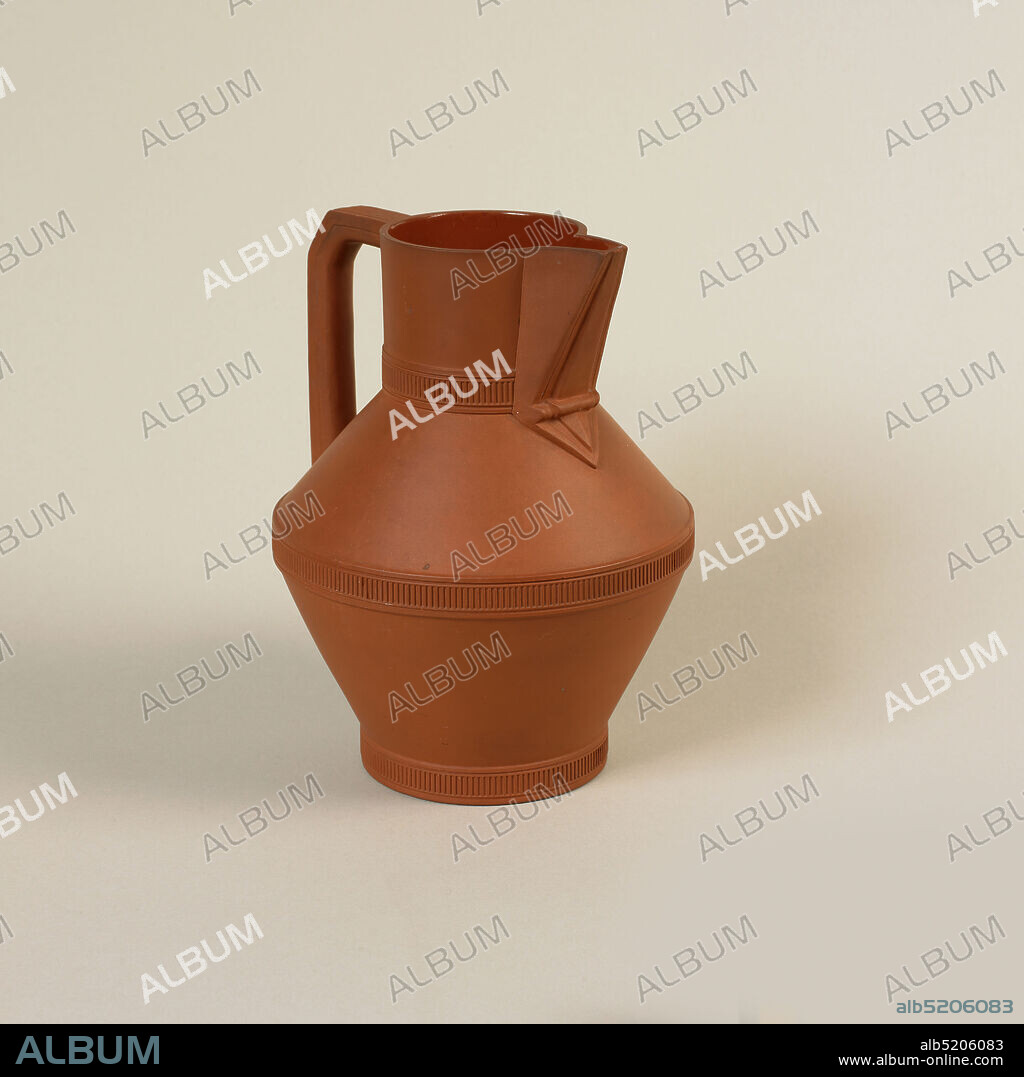 Jug, Christopher Dresser, Scottish, 1834 1904, Watcombe, Terracotta, Angular pitcher form with three horizontal bands at the base, center--the jug's widest part--and the top third; angular handle., ca. 1872, ceramics, Decorative Arts, Jug.