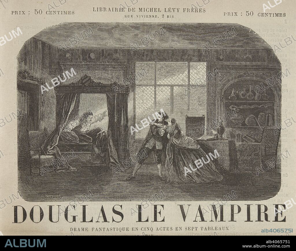JULES DORNAY. Illustration showing a bedroom scene. Douglas the Vampire is caught in a sunbeam, while two other characters look on. . Douglas le Vampire. Drame fantastique en cinq actes [and in prose], etc. Paris, Saint-Germain [printed], 1865. Source: 11737.i.21 Title Page detail. Language: French.