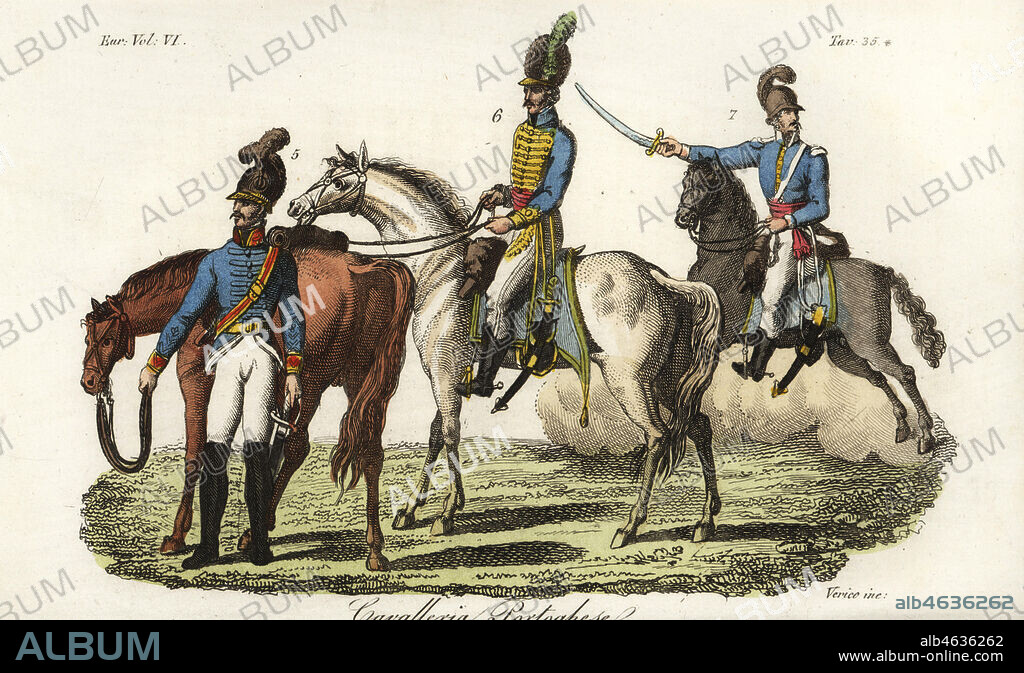 Uniforms of the Portuguese Army, 1800s. Mounted Lisbon police guard 5, cavalryman from the Legion of Alorgna, and cavalryman from the Regiment of Alcantara. Handcoloured copperplate engraving by Verico after Giulio Ferrario in his Costumes Ancient and Modern of the Peoples of the World, Il Costume Antico e Modern o Story, Florence, 1829.