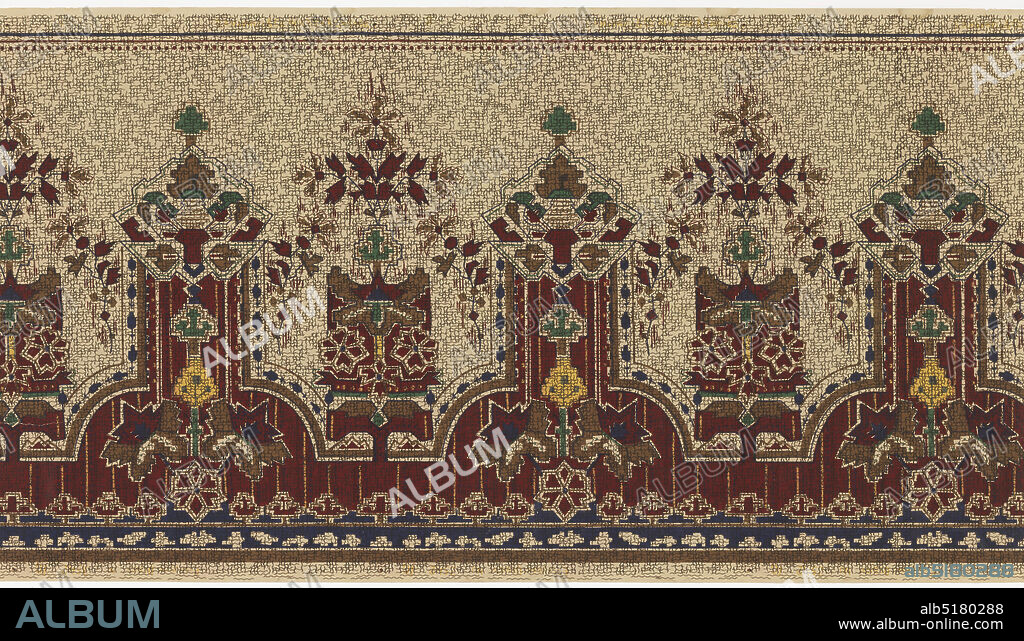 Frieze, Machine-printed paper, Aesthetic movement-inspired frieze features a horizontal repeat of highly stylized, geometric floral elements. The top edge of the panel is decorated with thin lines and a beaded border. An area of beige background extends downward from the top edge, ending with a sort of cut cardwork border. Extending up from the bottom edge of the panel is an area of dark red, with thin vertical stripes, which interlocks with the beige border. A stripe of dark blue with a pattern of geometric whit shapes runs along the bottom edge of the panel. An allover grid pattern made of tiny, wiggly lines adds texture. This pattern was printed in shades of red, yellow, blue, green and brown on a beige ground., USA, 19051915, Wallcoverings, Frieze.