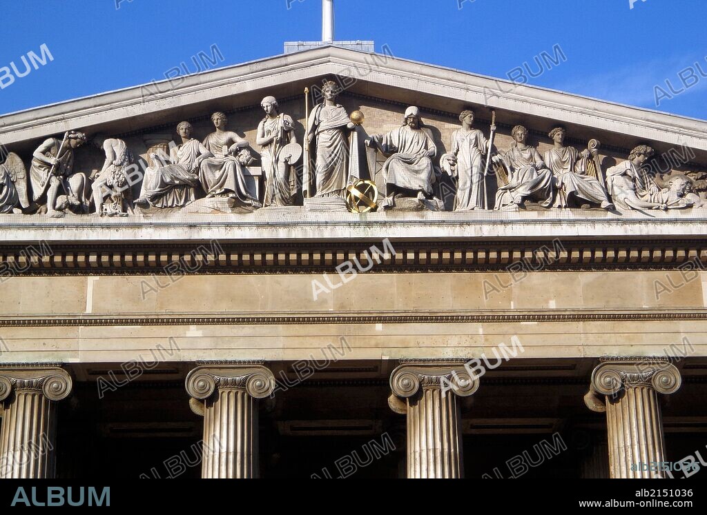 Detail from the British Museum quadrangle building, designed by the architect Sir Robert Smirke in 1823, completed in 1827. The building's fronting is Portland stone. The detail shows figures of education and learning. (Photo by: Universal History Archive/UIG via Getty Images).