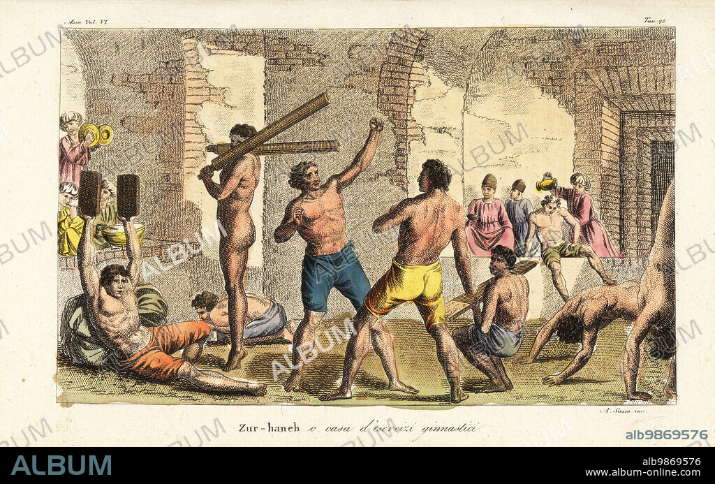 Inside a Zurkhaneh, traditional Iranian or Persian gymnasium. Two men wrestle at koshti pahlavani, while athletes train with meels, Indian clubs, and musicians play drums and cymbals. Zur-haneh o casa desercizi ginnmastica. Handcoloured copperplate engraving by Giovanni Antonio Sasso from Giulio Ferrarios Costumes Ancient and Modern of the Peoples of the World, Il Costume Antico e Moderno, Florence, 1847.