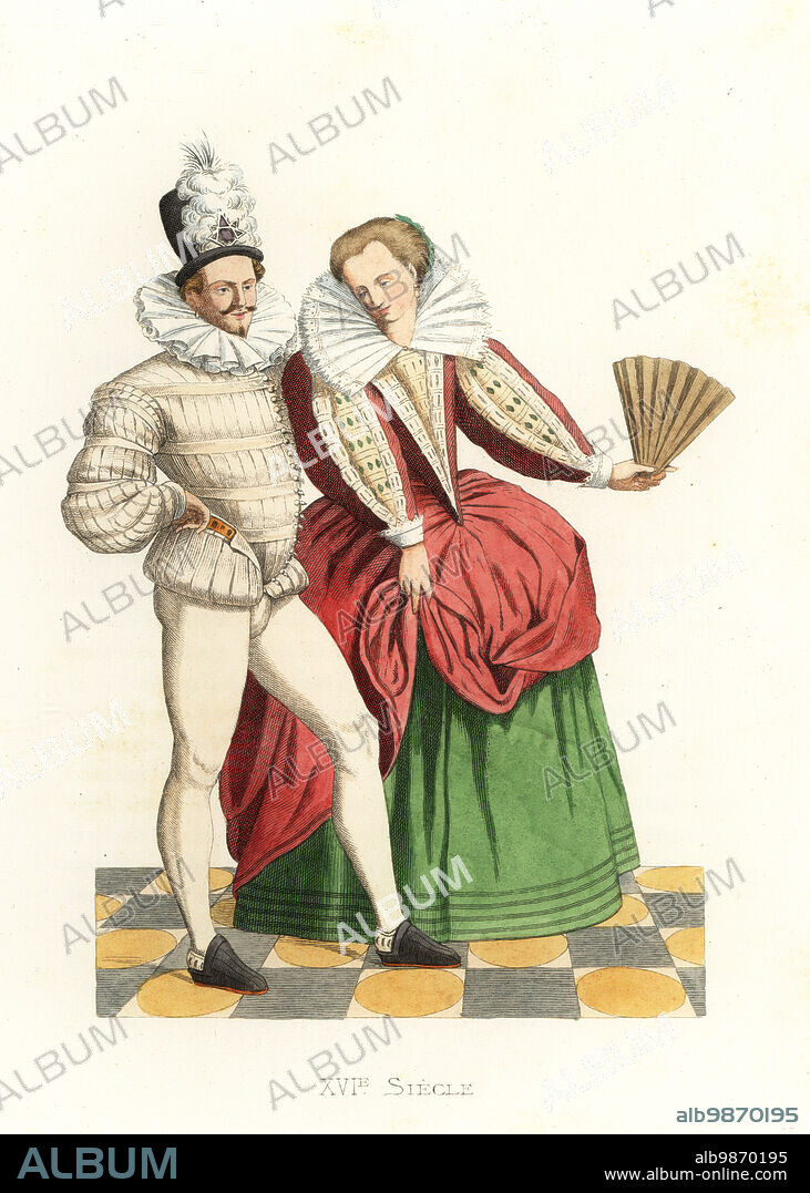 Dancers at the court of King Henry III of France, 16th century. The man wears a slashed doublet, codpiece and hose, and shoes called patins. The woman wears a slashed pink silk gown over green skirts. Danseur et Danseuse sous Henri III. After a painting by an unknown French master, also attributed to Jean Clouet or Francois Clouet. Handcolored lithograph after an illustration by Edmond Lechevallier-Chevignard from Georges Duplessis's Costumes historiques des XVIe, XVIIe et XVIIIe siecles (Historical costumes of the 16th, 17th and 18th centuries), Paris, 1867. Edmond Lechevallier-Chevignard was an artist, book illustrator, and interior designer.