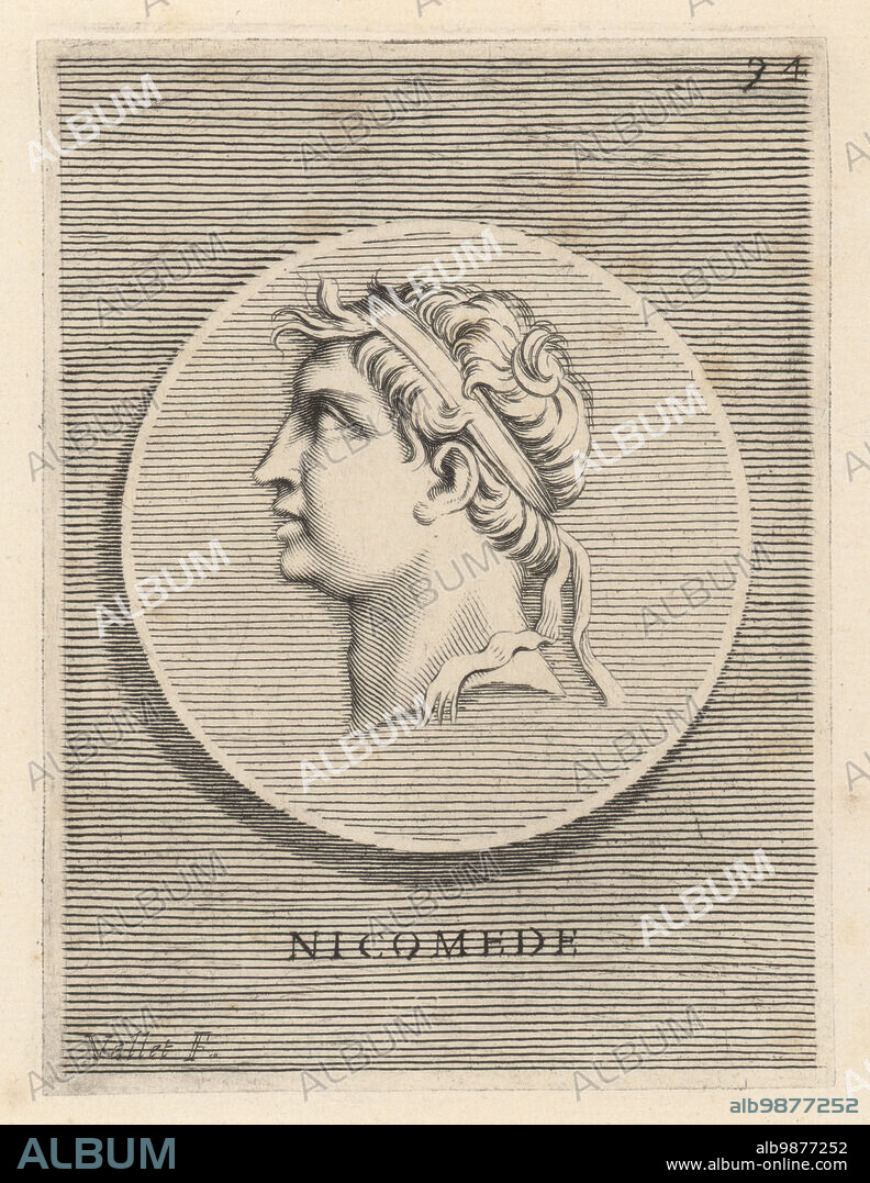 Nicomedes II Epiphanes, king of Bithynia from 149 to c. 127 BC. Son of Prusias II and Apame IV. Head of a man wearing a royal diadem from a bronze medal. Nicomede. Copperplate engraving by Guillaume Vallet after Giovanni Angelo Canini from Iconografia, cioe disegni d'imagini de famosissimi monarchi, regi, filososi, poeti ed oratori dell' Antichita, Drawings of images of famous monarchs, kings, philosophers, poets and orators of Antiquity, Ignatio deLazari, Rome, 1699.